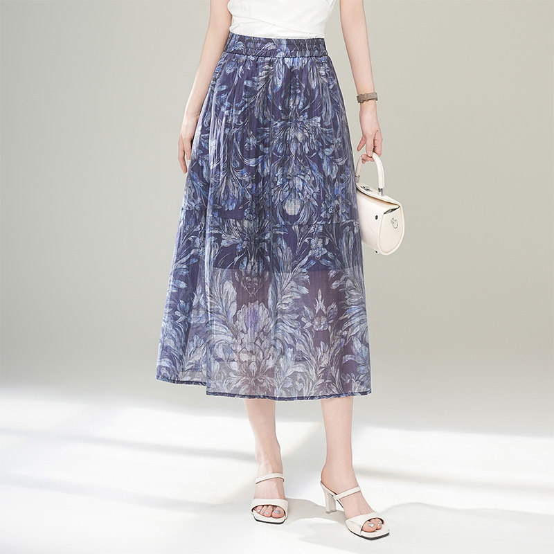 天丝亚麻印花半身裙女2026春夏季新款百搭遮肚子中长款大摆a字裙