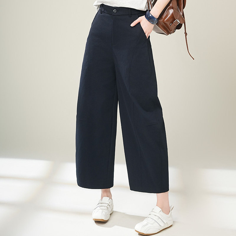 藏青色弯刀裤直筒休闲裤女2026春季新款小个子高腰宽松阔腿九分裤