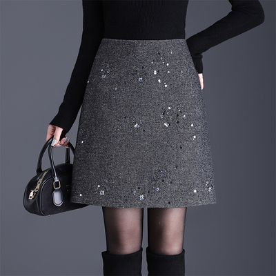 毛呢短裙女2025秋冬季新款小香风重工刺绣穿珠高腰显瘦a字半身裙
