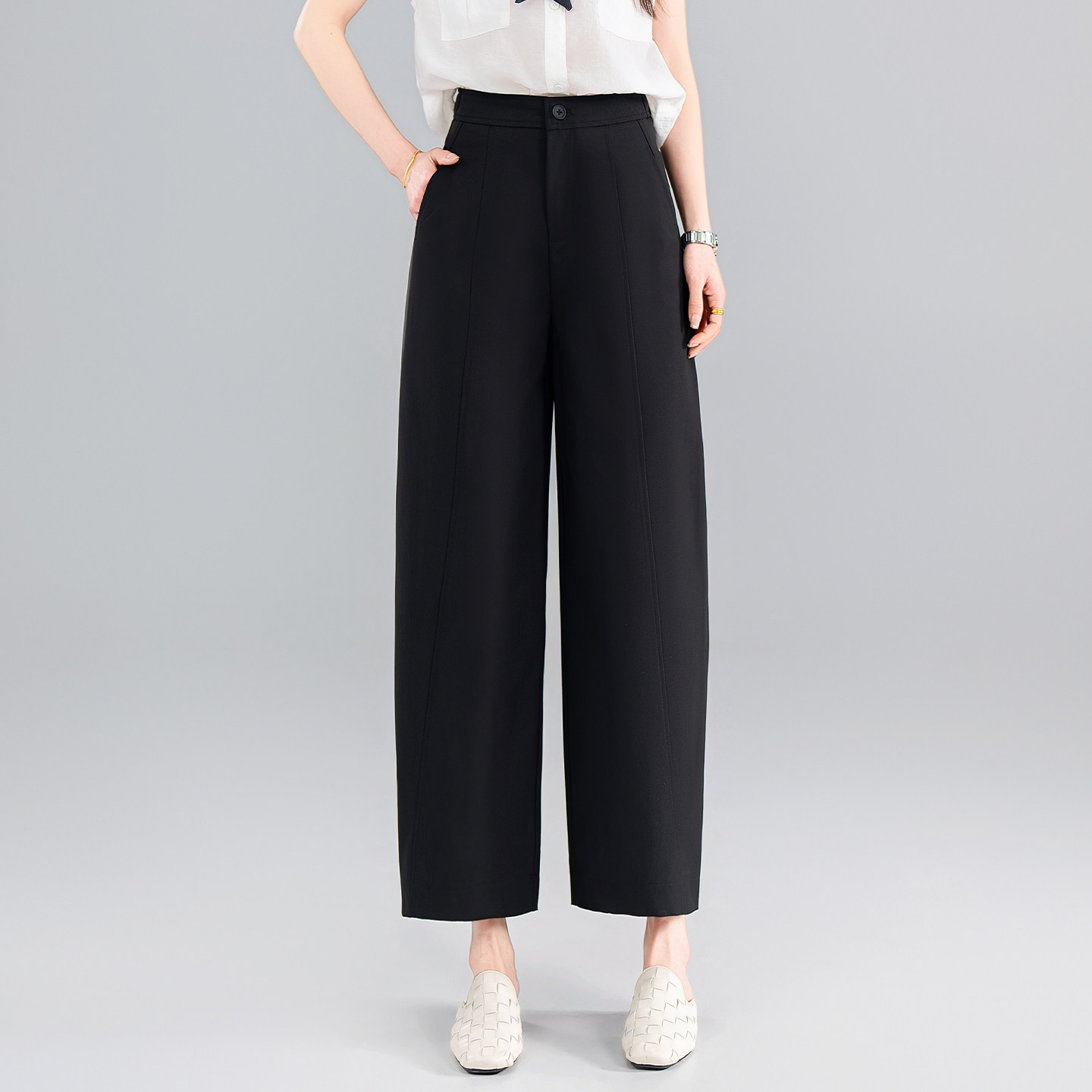 黑色通勤裤子西装裤女春夏秋款高腰显瘦垂感小个子九分直筒弯刀裤