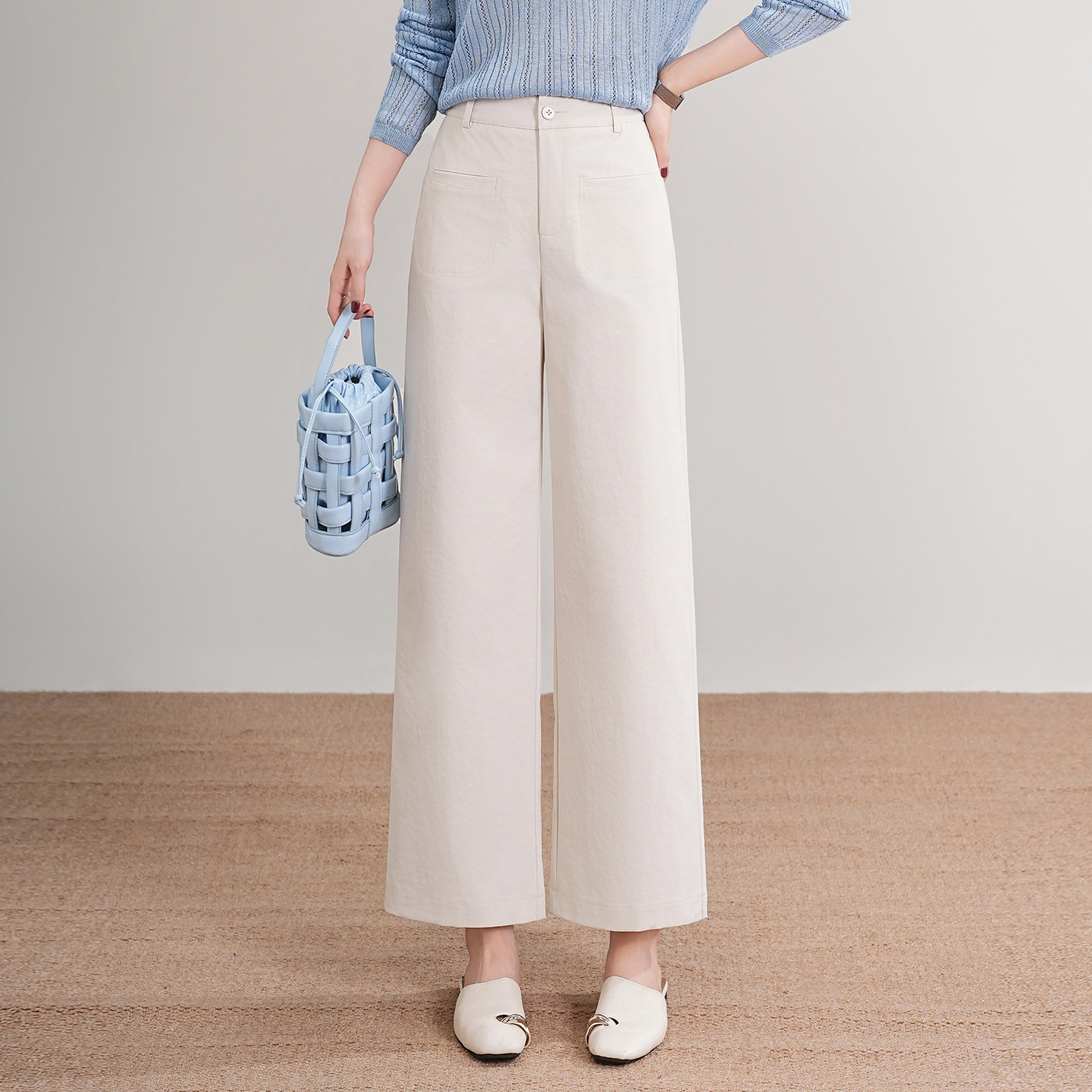 米白色西装九分裤阔腿裤女2026春季新款高腰显瘦小个子垂感直筒裤