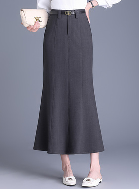 灰色西装鱼尾裙半身长裙女25年春秋新款高腰大码包臀裙通勤职业裙