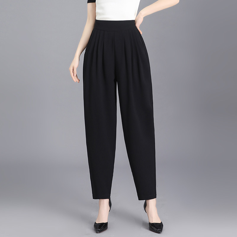 黑色百褶西装小脚哈伦裤女2026春夏季薄款高腰时尚九分亚麻萝卜裤