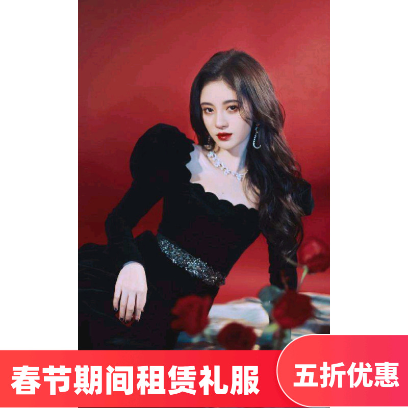 (出租)鞠婧祎同款礼服裙复古方领小黑裙宫廷泡泡袖丝绒长裙