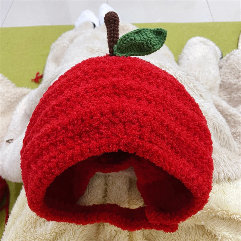 苹果造型珊瑚绒护耳毛线帽材料包