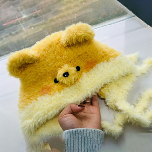 皮草线可爱黄色小熊毛绒帽子手工钩织保暖护耳帽DIY编织材料包