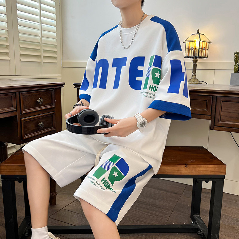 潮牌大码休闲运动套装男夏季帅气潮流一套衣服搭配短袖短裤两件套