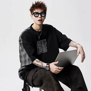 美式复古刺绣短袖男夏季潮牌格纹凉感t恤高街拼接休闲体恤上衣服