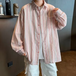 粉色条纹衬衫男春夏季多巴胺穿搭长袖衬衣潮牌休闲高级感薄款外套