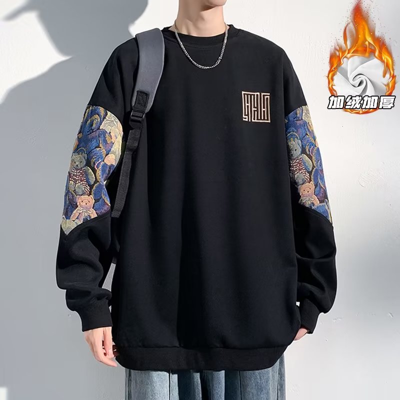 秋冬潮牌刺绣小熊中国风卫衣男