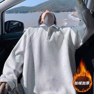 美式 百搭痞帅翻领加绒上衣外套 潮流POLO领套头卫衣男秋冬潮牌大码