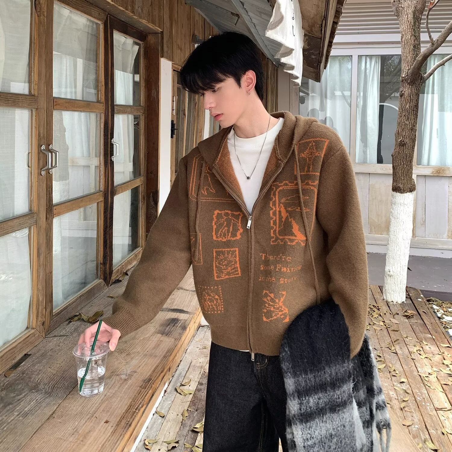 美式潮牌连帽拉链提花毛衣男女