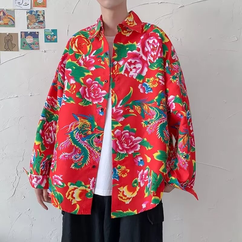 中国风网红东北大花长袖衬衫男