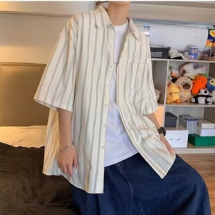 美式复古条纹短袖衬衫男夏季新款潮牌青少年宽松休闲半袖衬衣外套