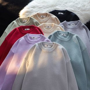 纯色套头毛衣男秋冬季简约百搭圆领针织衫ins港风宽松毛线衣外套