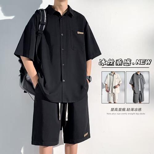 夏季潮流冰丝短袖衬衫短裤套装
