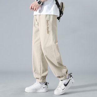 休闲束脚九分裤 美式 潮牌直筒宽松刺绣工装 子男春夏季 复古卡其色裤