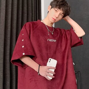 美式复古短袖t恤男夏季新款痞帅潮牌麂皮绒宽松休闲五分半袖体恤