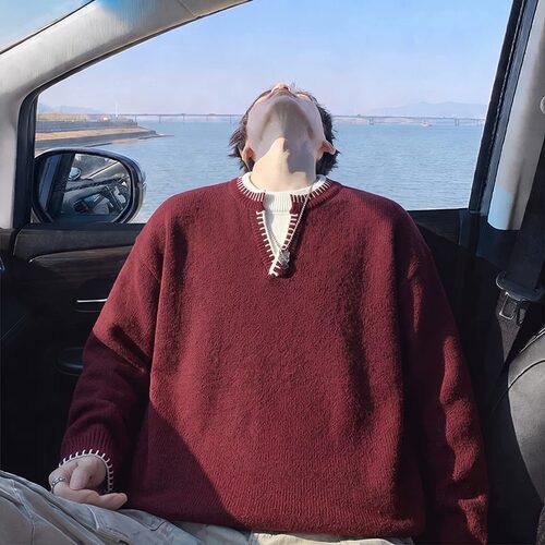美式潮牌大码假两件V领毛衣男