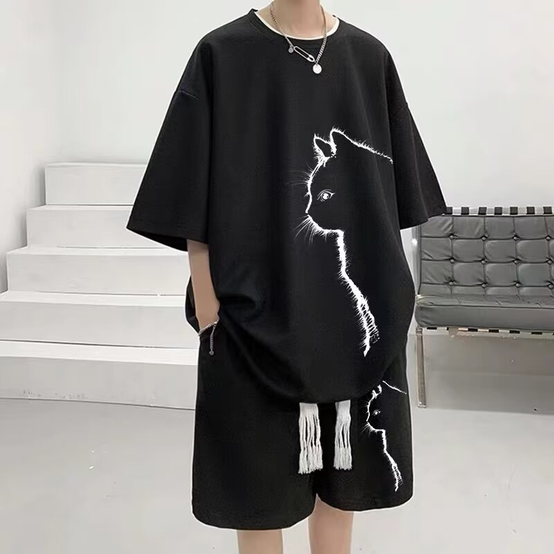 潮牌大码夏季华夫格卡通印花套装