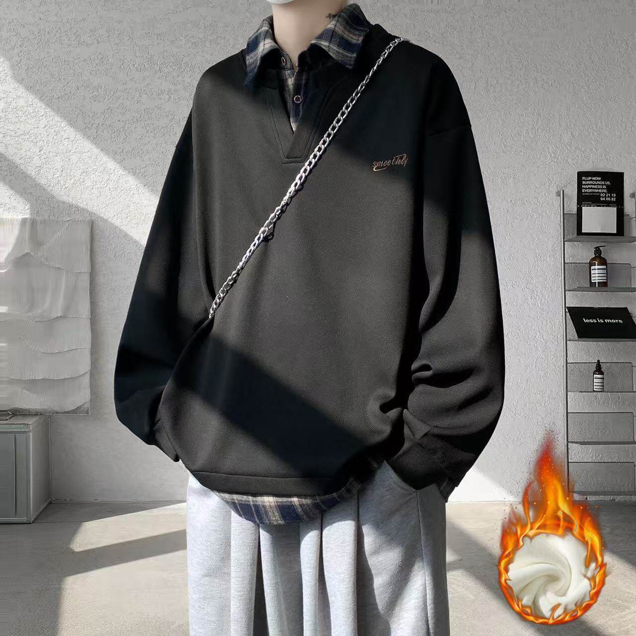 美式潮牌假两件套头卫衣男