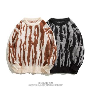 美式潮牌复古提花圆领毛衣男ins潮流秋冬休闲百搭针织衫上衣外套