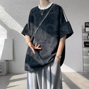 美式复古扎染短袖T恤男夏季潮流学生痞帅高街宽松条纹半袖上衣服