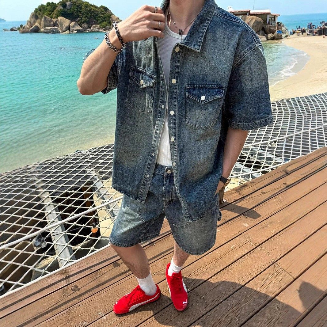 美式复古牛仔夹克短裤套装男