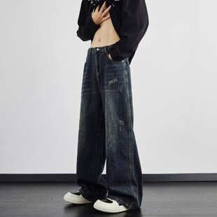 潮牌高街长裤 美式 刮烂宽松直筒阔腿裤 男春夏季 子 深蓝色复古牛仔裤