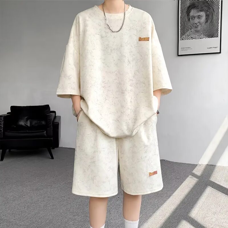 美式潮牌大码扎染短袖短裤套装男