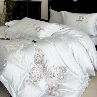 轻奢公主风纯棉四件套蝴蝶刺绣被套全棉床单笠高级感新款床上用品