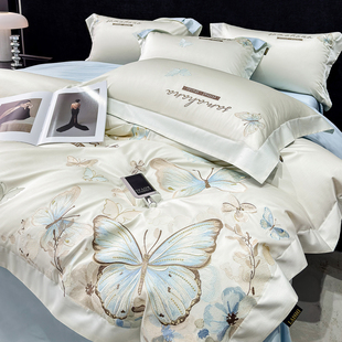 轻奢风纯棉床单四件套蝴蝶刺绣被套全棉长绒棉高级感新款床上用品