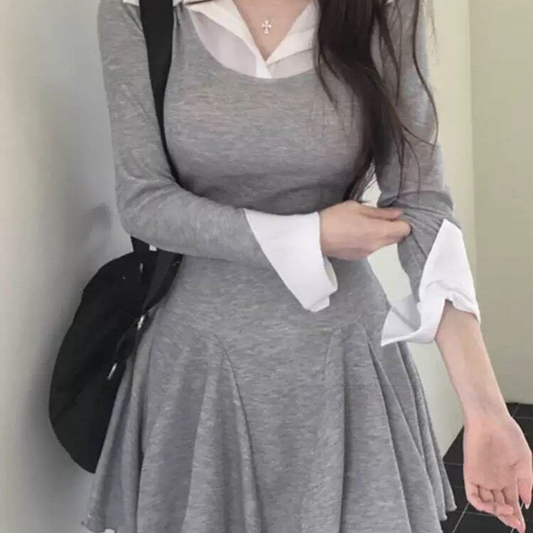 韩国东大门新品 巨好看的 气质女人味翻领掐腰假两件连衣裙he