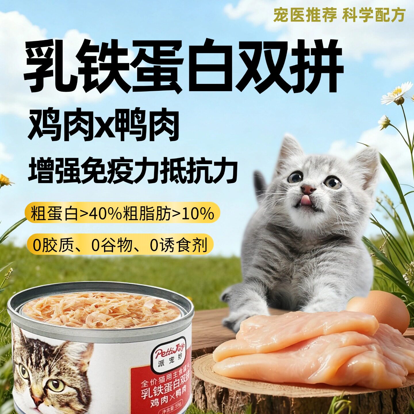 派宠妙乳铁蛋白鸡肉鸭肉双拼主食猫罐头增肥无谷补水小罐三月龄