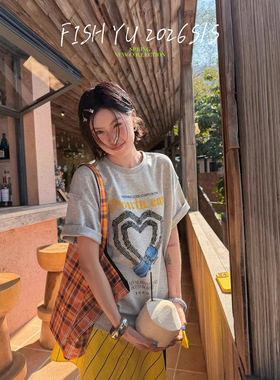 FISHYU早春2026新款原宿风ins爱心车辙印花宽松休闲圆领短袖t恤女