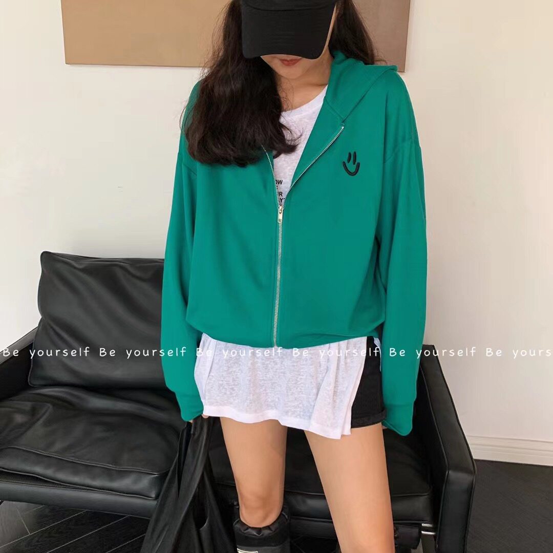 be yourself秋冬新款卡通减龄笑脸薄款卫衣连帽衫外套女薄款长袖