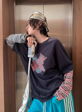 FISHYU 夏季新款韩版ulzzang彩色条纹背心印花假两件长袖t恤女潮