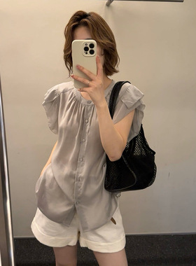 MMC莱赛尔圆领小飞袖小衫女夏苎麻宽松显瘦气质通勤衬衣62S51078