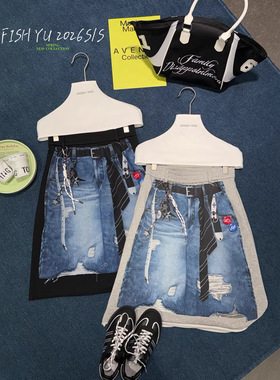 FISHYU早春新款原宿风ins复古牛仔裙印花休闲设计款潮叠穿半身裙
