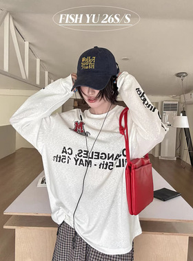 FISHYU 夏季2026新款双袖撞色印花防晒长袖内搭叠穿上衣休闲t恤女