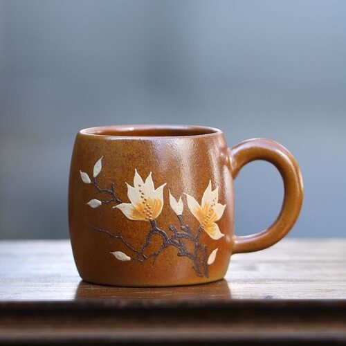宜兴紫砂柴烧主人杯把手杯子玉兰花主人杯原矿段泥主人杯130ml