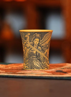 宜兴全手工紫砂茶具原矿黄金段泥泥料粉浆刻绘九天玄女主人杯180c