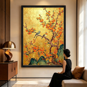 手绘油画《鎏金繁花》客厅沙发画餐厅背景墙装饰画中古风花卉挂画