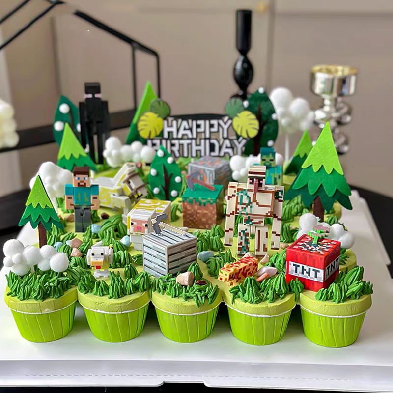 森林系我的世界主题纸杯蛋糕装饰儿童生日乐高积木玩具小动物插件