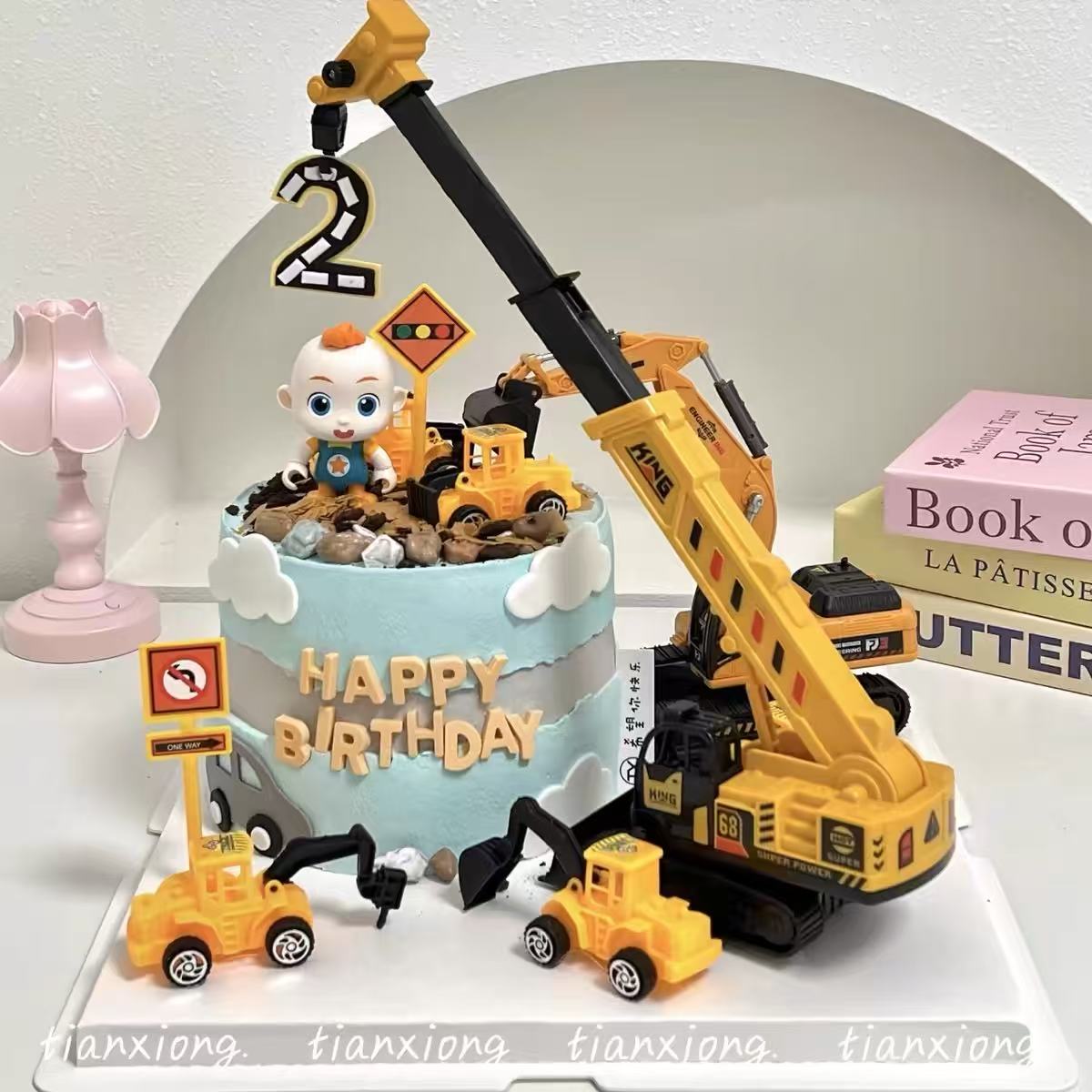 工程车主题蛋糕装饰摆件卡通挖机推土机吊机路标摆件小孩生日插件