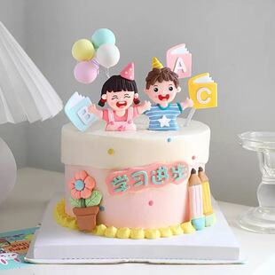 开学季烘焙蛋糕装饰背带裤女孩条纹衫男孩粉蓝黄铅笔生日插件