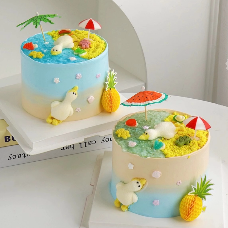 六一快乐撑伞小黄鸭蛋糕装饰品摆件61儿童节小鸭子棉花糖烘焙装扮