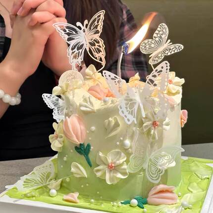 38女神节幻彩蝴蝶蛋糕装饰插件格桑花巧克力38女王节成品蛋糕配件
