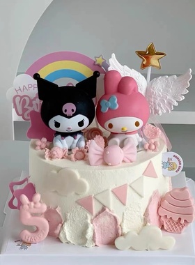 生日蛋糕装饰 美乐蒂KT猫万圣节黑色库洛米公仔摆件烘焙甜品台