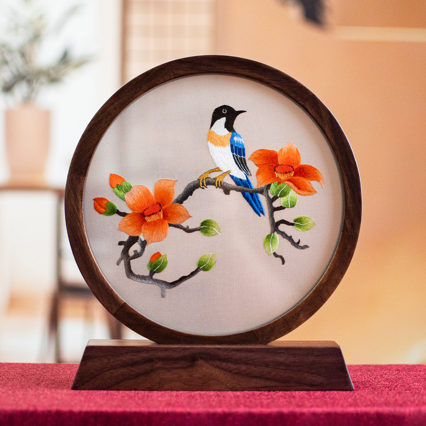 手工双面刺绣木棉花胡桃木摆件